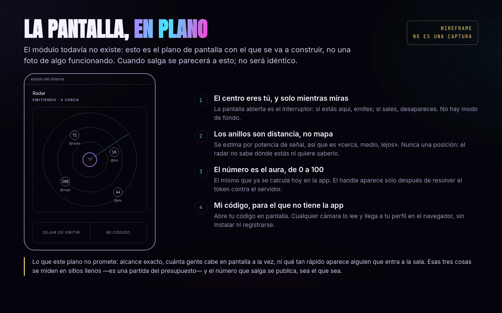 Plano de pantalla del módulo RADAR: anillos de distancia con los niveles de aura de la gente cercana. Está rotulado «wireframe, no es una captura».